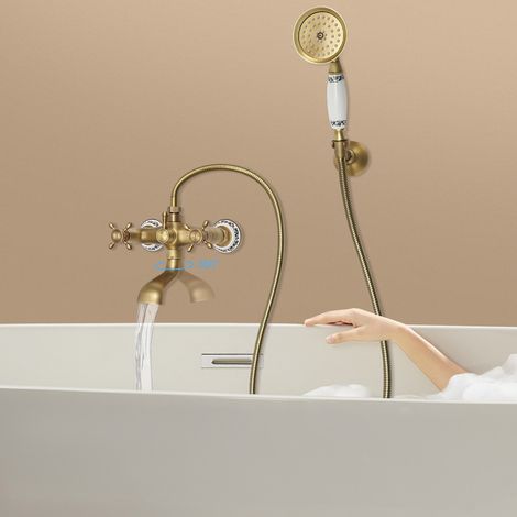 Robinet de baignoire rétro avec douchette à main, ensemble de robinetterie murale, doré (1/5)