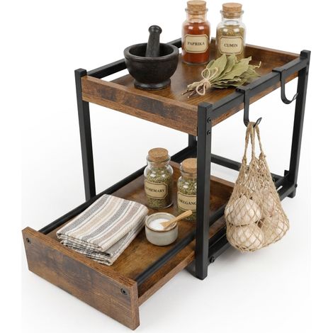 Relaxdays Gewürzregal, 2 Ebenen, Gewürzablage, MDF & Stahl, HBT: 31x34x27 cm, Küchenregal mit Haken, braun-schwarz (1/5)