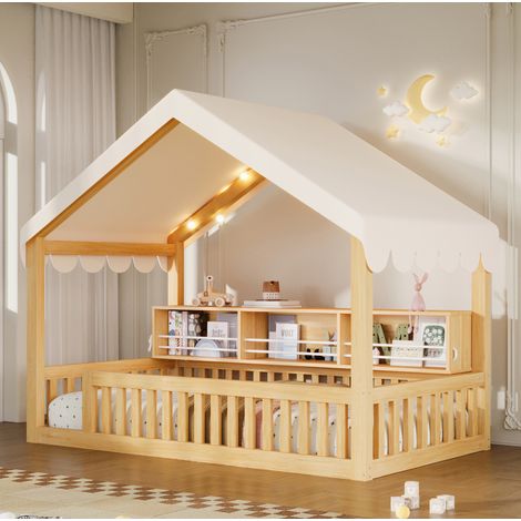Lit cabane enfant au sol 90x200 cm avec LED, bibliothèque et barrières, MDF et pin, naturel (1/5)
