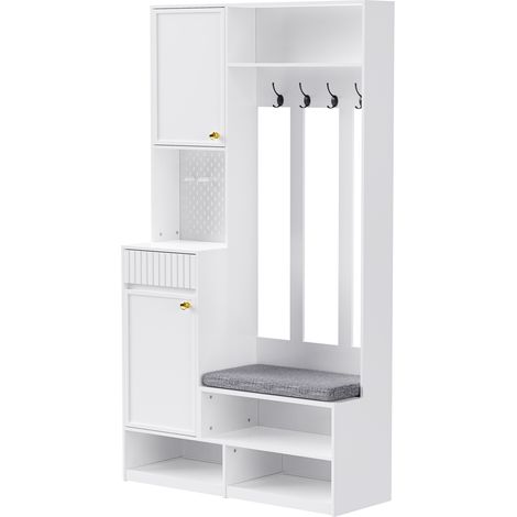 Perchero de entrada blanco con banco, 4 ganchos, puertas y cajones, 100 x 180 x 35 cm (1/5)