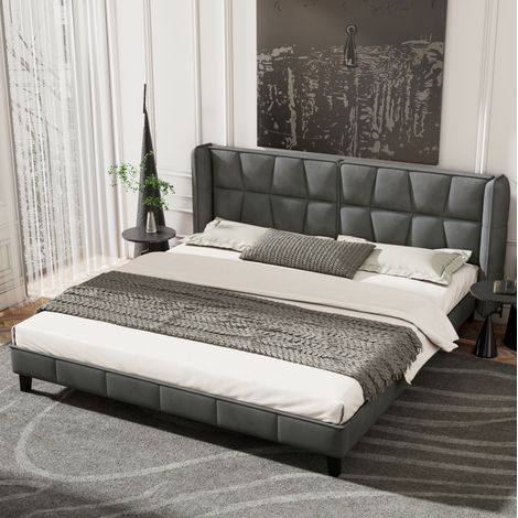 MEUBLIV Lit capitonné 180 x 200 avec sommier à lattes et tête de lit en velours gris structure stable montage facile (1/5)
