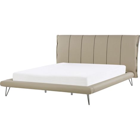 Lit Double en Cuir PU Beige 180 x 200 cm avec Sommier avec Haute Tête de Lit de Style Minimaliste pour Chambre Moderne ou Scandinave Beliani