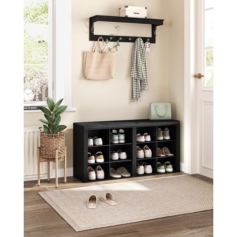 Banc à Chaussures, Support à Chaussures avec Siège, Banc avec Rangement, Coussin, 12 Compartiments, pour Salon, Couloir, Chambre, Noir (1/5)