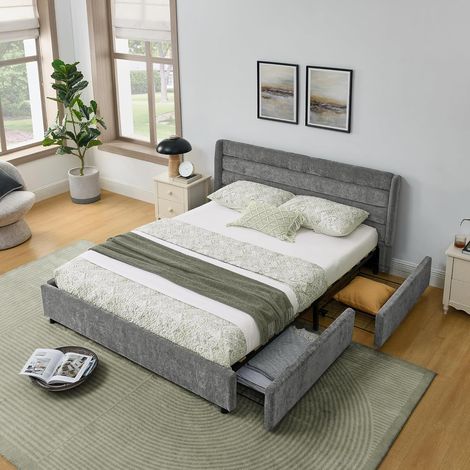 Lit 90x200 avec 2 tiroirs de Rangement, Lit Capitonné 90x200 AVCE Sommier à Lattes, pour Enfant Adolescent Adulte, sans Matelas, Chenille Beige (1/5)