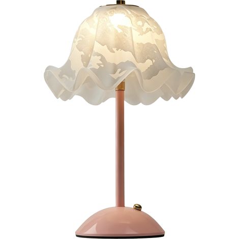 Lampe de table florale, sans fil, rechargeable, respectueuse des yeux, style vintage, avec abat-jour en verre dépoli en forme de pétale pour le salon et la chambre. Rose. (1/5)