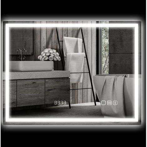 Miroir LED de salle de bain 80 x 60 cm Bluetooth, horloge, anti-buée, argent OKMYHOME (1/5)