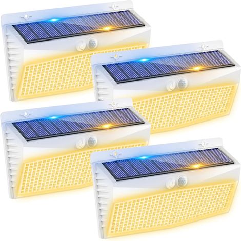 368LED Lampe Solaire Exterieur Detecteur de Mouvement Lot de 4, 3 Modes Lumiere Solaire, Étanche Eclairage Solaire pour Mural Jardin Outdoor Garage Cour, Blanc Chaud (1/5)
