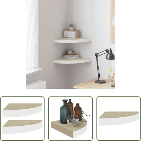 Eckregal - Eck-Schweberegale 2 Stk. Eichen-Optik und Weiß 35x35x3,8 cm MDF (1/5)