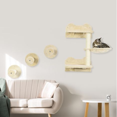 Set de escaleras para gatos (41x31x26 cm), con rascador, hamaca y plataforma, felpa beige (1/5)
