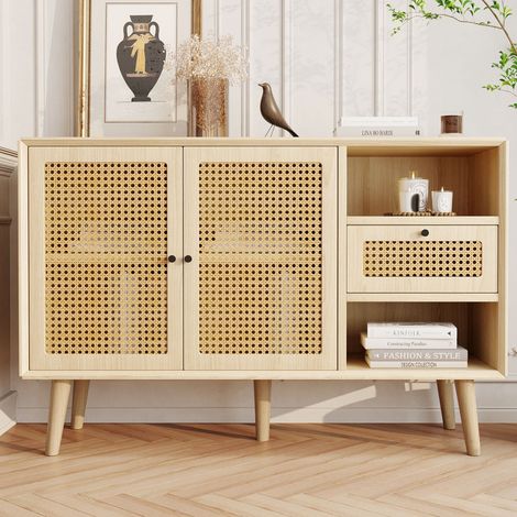 Buffet en Chêne et Rotin - 120 x 40 x 80 cm - 1 Tiroir et 2 Portes Magnétiques - Pieds en Bois Massif - Style Bohème Rétro - Chêne (1/5)