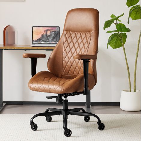 Silla de oficina ergonómica de cuero, respaldo alto, reposabrazos regulables o desmontables, ruedas - marrón (1/5)