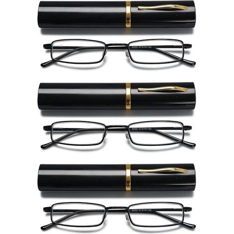 Gafas de lectura de 3 piezas, metal, bisagra clásica, ajuste delgado, ayuda para la lectura, presencia para examen de la vista, gafas de montura completa con cubierta protectora (negro) 1.0+ (1/3)