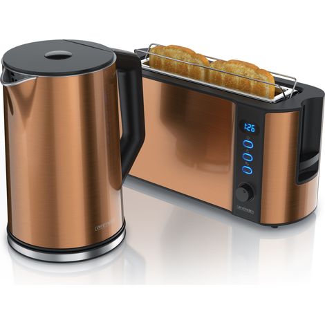 Arendo Frühstücksset 2-teilig, Langschlitztoaster für 2 Scheiben, Wasserkocher Edelstahl 1,5 Liter, Kupfer (1/5)