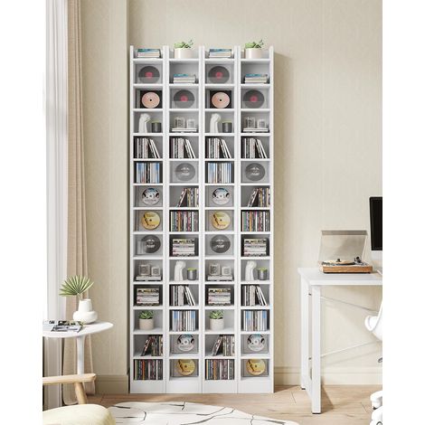 Étagère bibliothèque 14 niveaux – Rangement pour 272 CD/DVD – Étagères réglables – Structure stable en panneaux de particules – Blanc (1/5)