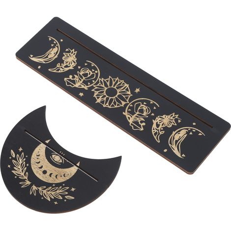 Soporte de madera para cartas del tarot de 2 piezas, con forma de luna y rectángulo, grabado con fases lunares, para altar y decoración. (1/5)