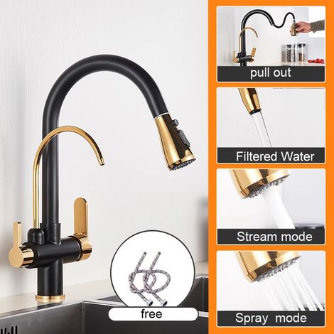(noir et or) Robinet de cuisine à eau pure noir mat, double poignée, eau chaude et froide, mitigeur extractible. (1/5)