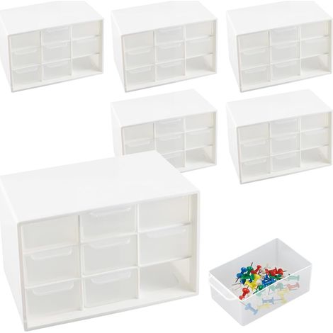 Lot de 6 Boîtes Rangement Tiroir Plastique, avec 9 Tiroirs, mini tour rangement plastique, petits tiroirs, Organiseur Bureau, blanc, 18 x 12 10 cm - (1/5)