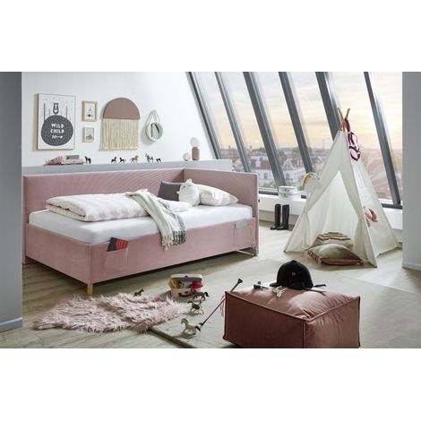 Meise Möbel Kinderbett Cool 140x200 cm Polsterliege Bettkasten & Lattenrost Cordstoff Rose Holzfuß eichefarbig (1/5)