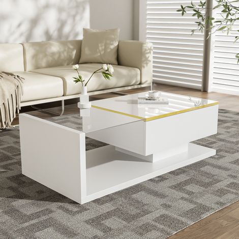 Tavolino da Salotto con Piano in Vetro Temperato e LED Bluetooth 16 Colori, Bianco Lucido, con Ripiani Aperti, Bianco (1/5)