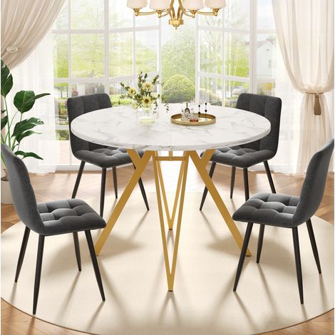 CHICFURN Set tavolo da pranzo rotondo 100 cm in MDF effetto marmo oro e grigio, 4 sedie (1/5)