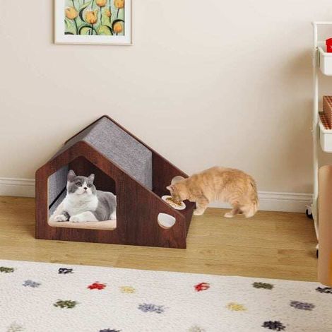 Maison pour chat en bois, station d'alimentation 15°, toit amovible et cadre métallique, usage intérieur (1/5)
