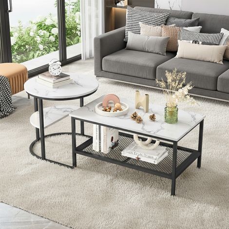 Lot de 2 tables basses 2 en 1 rondes et rectangulaires avec espace de rangement aspect marbre, cadre en métal, table de salon, table basse, blanc et noir (1/5)