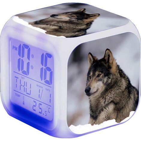 Réveil LED Wolf - Pour enfant - Réveil de chevet - Carré - Écran LCD éclairé - Motif loup (5) (1/5)
