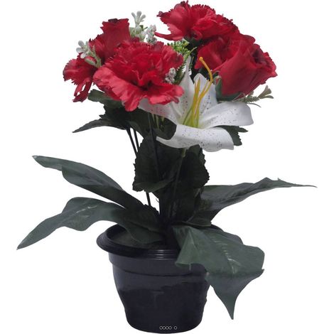 Pot pour Tombe d'oeillet, Lys tigré et mini fleurs Rouge artificiels - Toussaint - couleur: Rouge