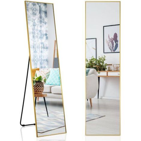 Miroir mural et sur pied noir 160 x 40 cm avec cadre en aluminium, support inclinable et fixation murale pour chambre et salon (1/5)