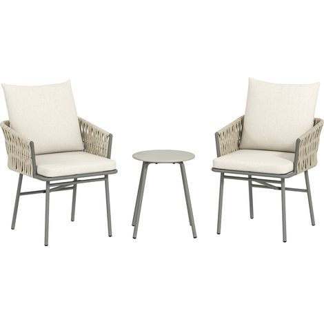 Conjunto de muebles de jardín de ratán sintético con 2 sillas con cojines extraíbles y mesa con tablero de metal gris (1/5)