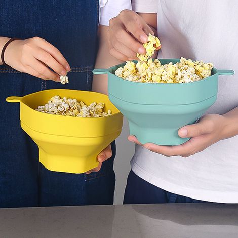 Seau à popcorn en silicone avec poignée, pliable, grande capacité, résistant à la chaleur, pour micro-ondes, jaune (1/5)