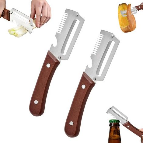 Pelador de 3 piezas, pelador de patatas de acero inoxidable con mango de plástico, pelador de verduras multifuncional 2 en 1 y abridor botellas (1/5)