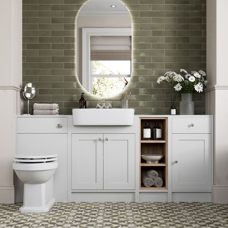 1820mm Bathroom Vanity Unit Toilet Semi-Recessed Basin Shelf Storage Freestanding Traditional Chrome Handles, White (1/5)