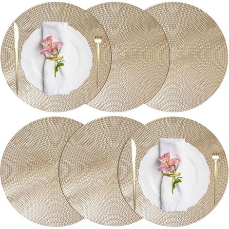 ZVD Juego de 6 manteles individuales para mesa de comedor, de PVC resistente al calor, antideslizantes, lavables, redondos, resistentes a las manchas, 38 x 38 cm, dorados (1/4)
