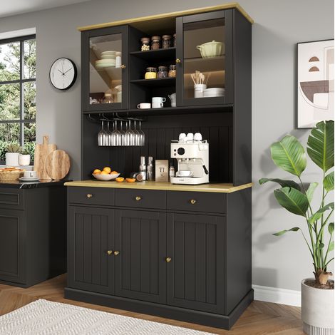 Buffet haut 120 x 40 x 191 cm avec portes vitrées, range-verres et prises HAVRYA (1/5)
