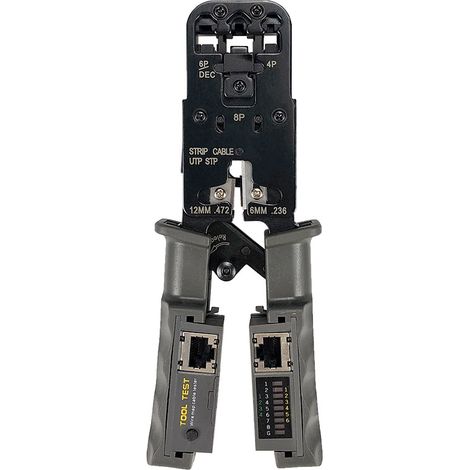 Pince à sertir RJ45/RJ12/RJ11 8P/6P/4P avec testeur de câbles intégré, outil multifonction à cliquet pour la création et la vérification de réseaux Ethernet et téléphoniques (1/4)