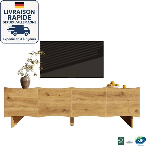 Mueble de TV de 155 cm - Diseño moderno de ondas - Con espacio de almacenamiento, cuatro puertas y salidas para cables en imitación madera (1/5)
