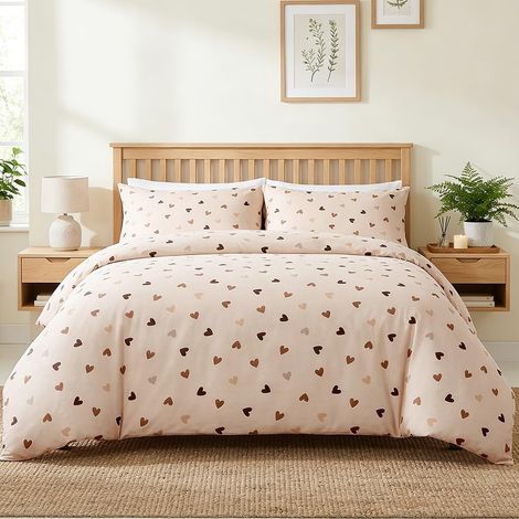 Housse de Couette Cœur 200x200 Beige Marron avec 2 Taies d'oreiller 65x65 cm Parure de Lit Adulte 2 Personnes Parure Housse Coutte en Microfibre avec Fermeture Éclair (1/5)