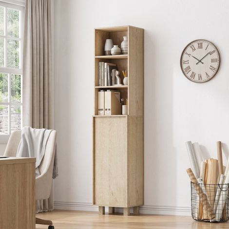Armario alto de baño efecto roble 162,5 cm con estantes abiertos y puertas, MDF, independiente (1/5)