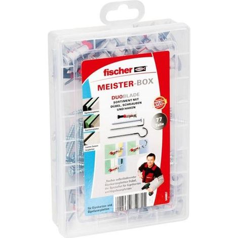FISCHER 548857 MEISTER-BOX DUOPLADE - CAJA ORGANIZADORA CON 77 TACOS DUOBLADE (TORNILLOS Y GANCHOS, TACOS AUTOPERFORANTES PARA P