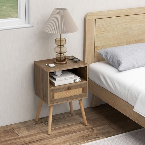 COSTWAY Table de Nuit en Rotin, Table de Chevet Bois avec Tiroir, 4 Pieds en Pin, Design Cannage, Compartiment Ouvert, Style Bohème, Table d'Appoint Scandinave pour Salon, Chambre (1/5)