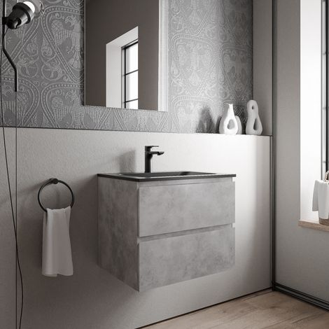 BERNSTEIN - Mobile lavabo sospeso MDF effetto cemento, lavello Ghisa nero opaco + foro rubinetto - 60x46x50cm - AVA CREAM	Calcestruzzo, Nero opaco con foro rubinetto