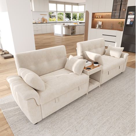 Divano letto U 284x138x89 cm, doppio letto estraibile, schienale regolabile, area per animali, chenille beige (1/5)