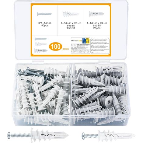 Lot de 100 fixations autoperceuses pour plaques de plâtre, 50 chevilles pour cloison sèche et 50 vis autotaraudeuses pour cloison sèche, fixations murales pour plaques de plâtre (1/5)