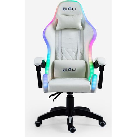 Sedia gaming bianca poltrona massaggiante LED reclinabile ergonomica Pixy Plus
