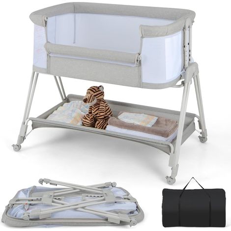 GOPLUS Lit Bébé avec Inclinaison & 7 Hauteurs Réglables, Berceau avec Fenêtre en Maille & Étagère, Roues avec Frein, Gris Clair (1/5)