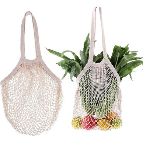 Borse per la spesa in rete con coulisse in cotone - Set di 2 borse riutilizzabili in rete per frutta e verdura, colore beige