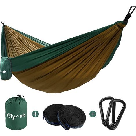 Amaca ultraleggera in nylon Glymnis, capacità di carico 300 kg, 275 x 140 cm, con 2 cinghie in nylon e 2 moschettoni (campeggio, viaggio, esterno, giardino) – Marrone (1/5)