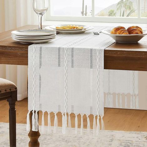 Chemin de table blanc de Noël, 33 x 152 cm, en lin et coton filé de style champêtre, 152 cm de long, à fines rayures blanches de style bohème. (1/5)