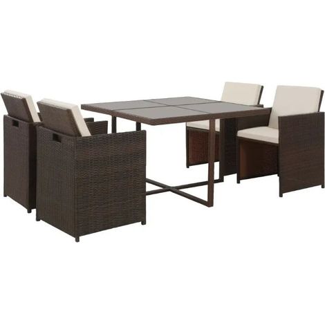 Table carrée et 4 chaises de jardin résine tressée marron et coussins blanc Iris (1/4)